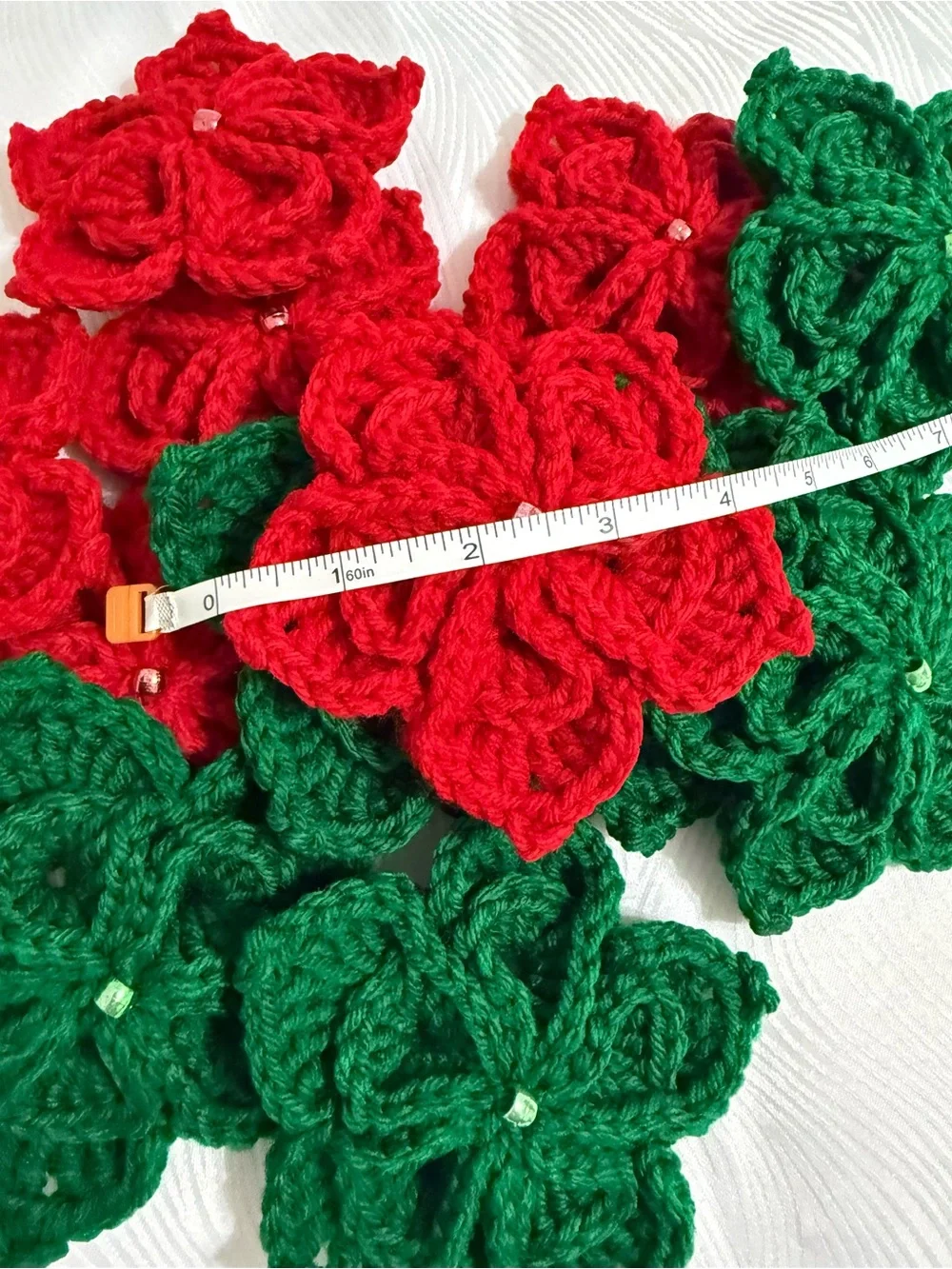 Handmade Red & Green Flowers Crochet set of 12